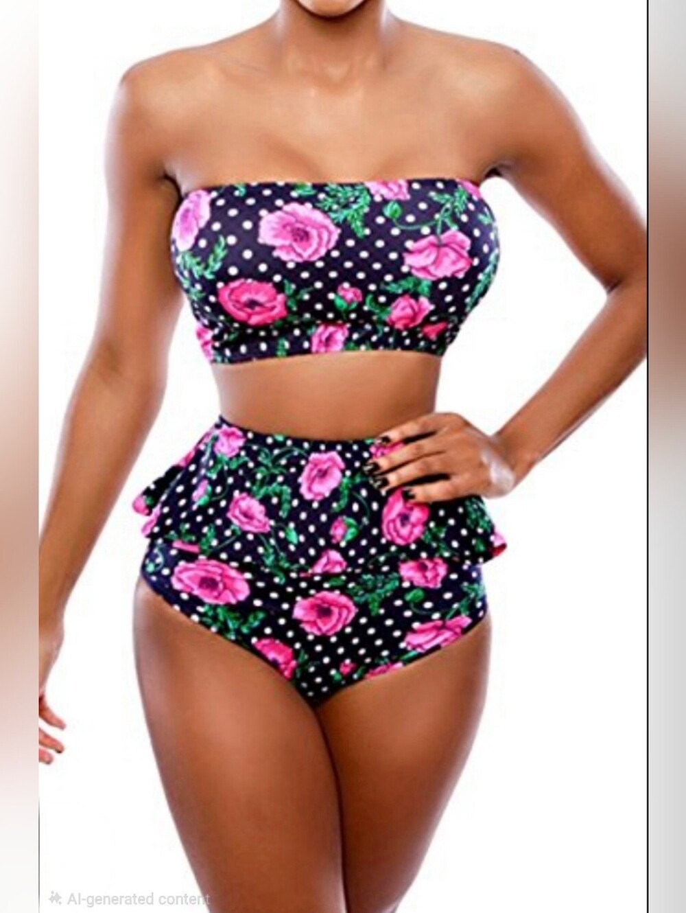 Floral Pink Rose Bandeau High-Waist Bikini Set - Black Background